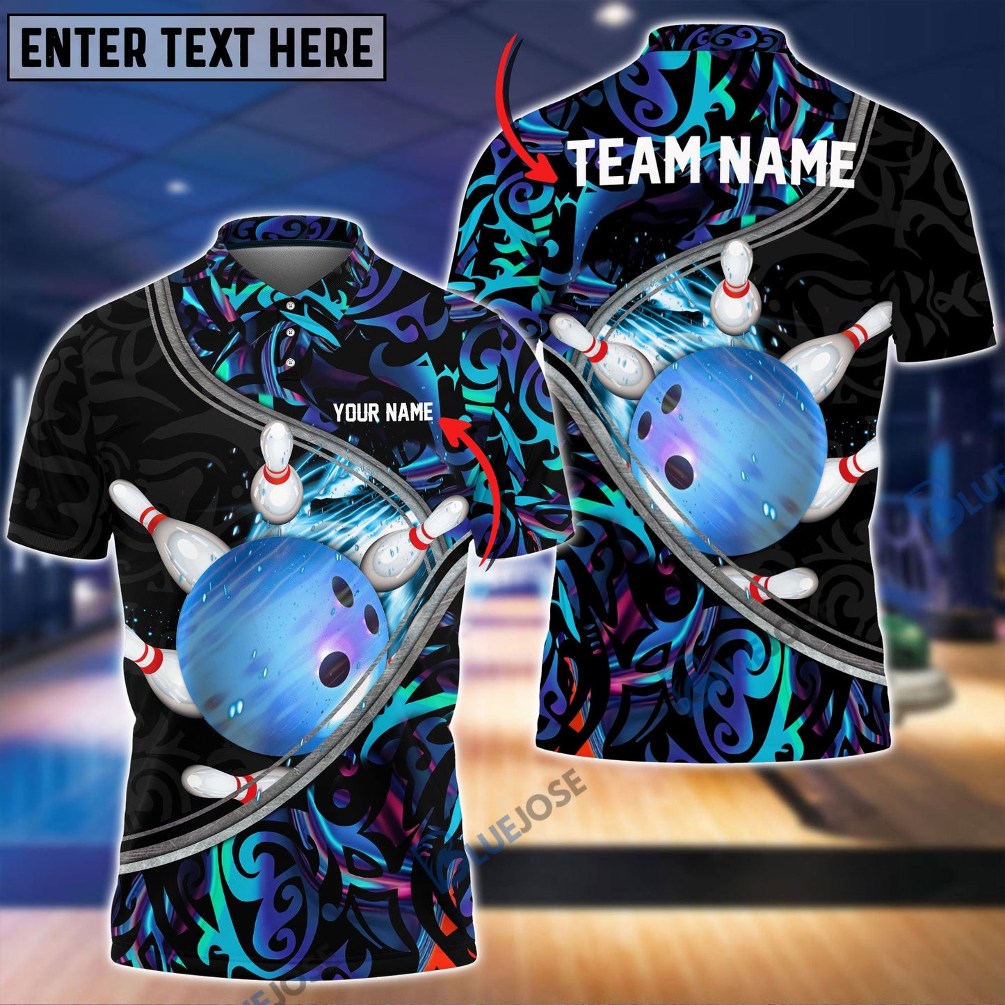 Frenzideas Tattoo Color Bowling and Pins Personalized Name, Team Name 3D Shirt