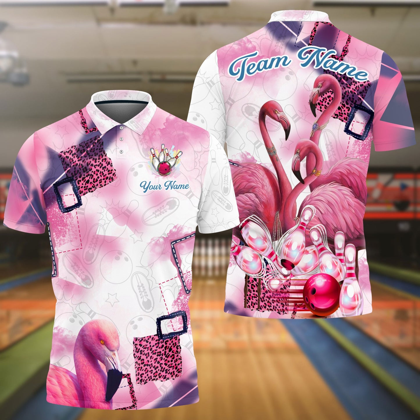 frenzideas Bowling And Pins Flamingo Style Customized Name, Team Name 3D Shirt