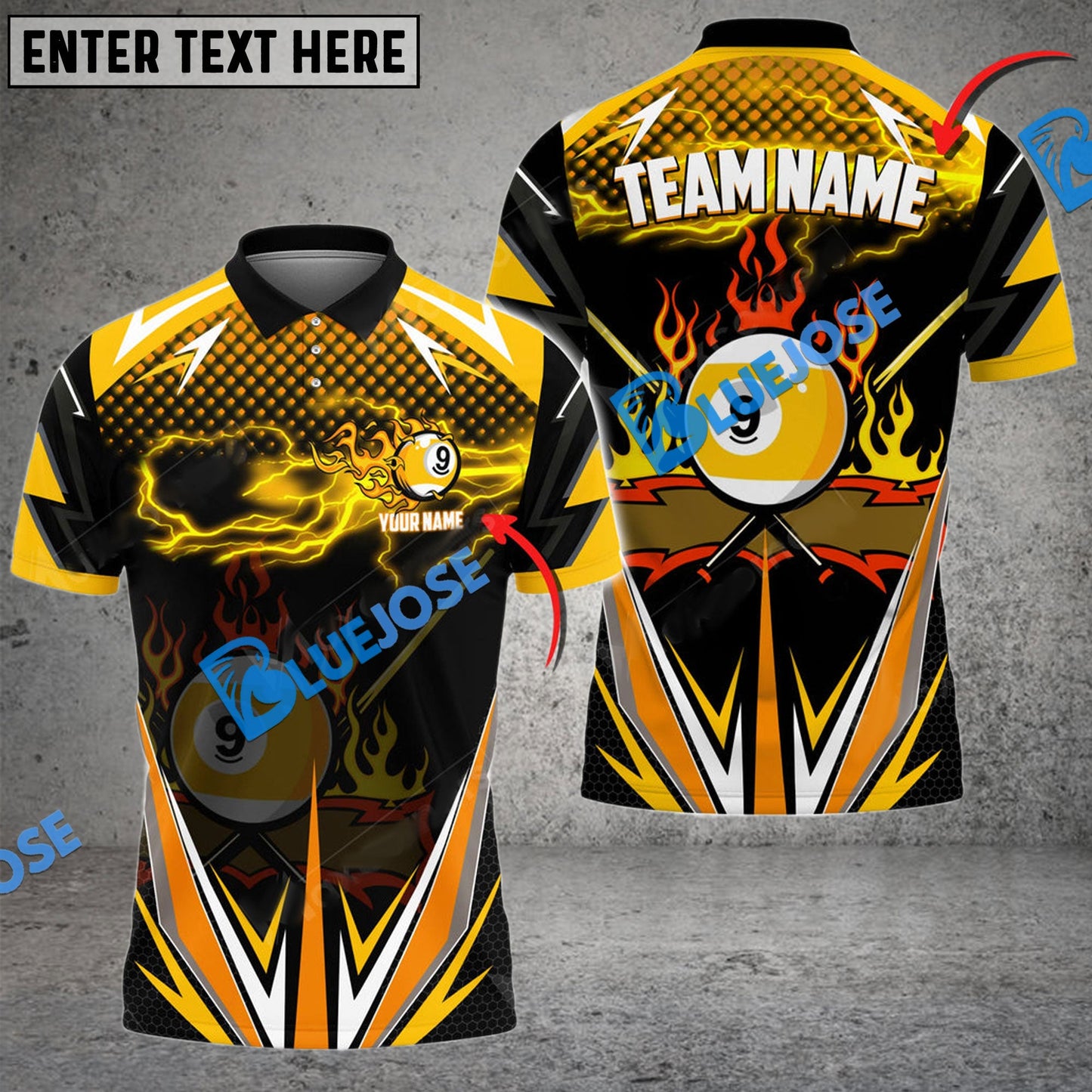 Frenzidea Billiards Ball 9 Yellow Fire Personalized Name, Team Name Unisex Shirt