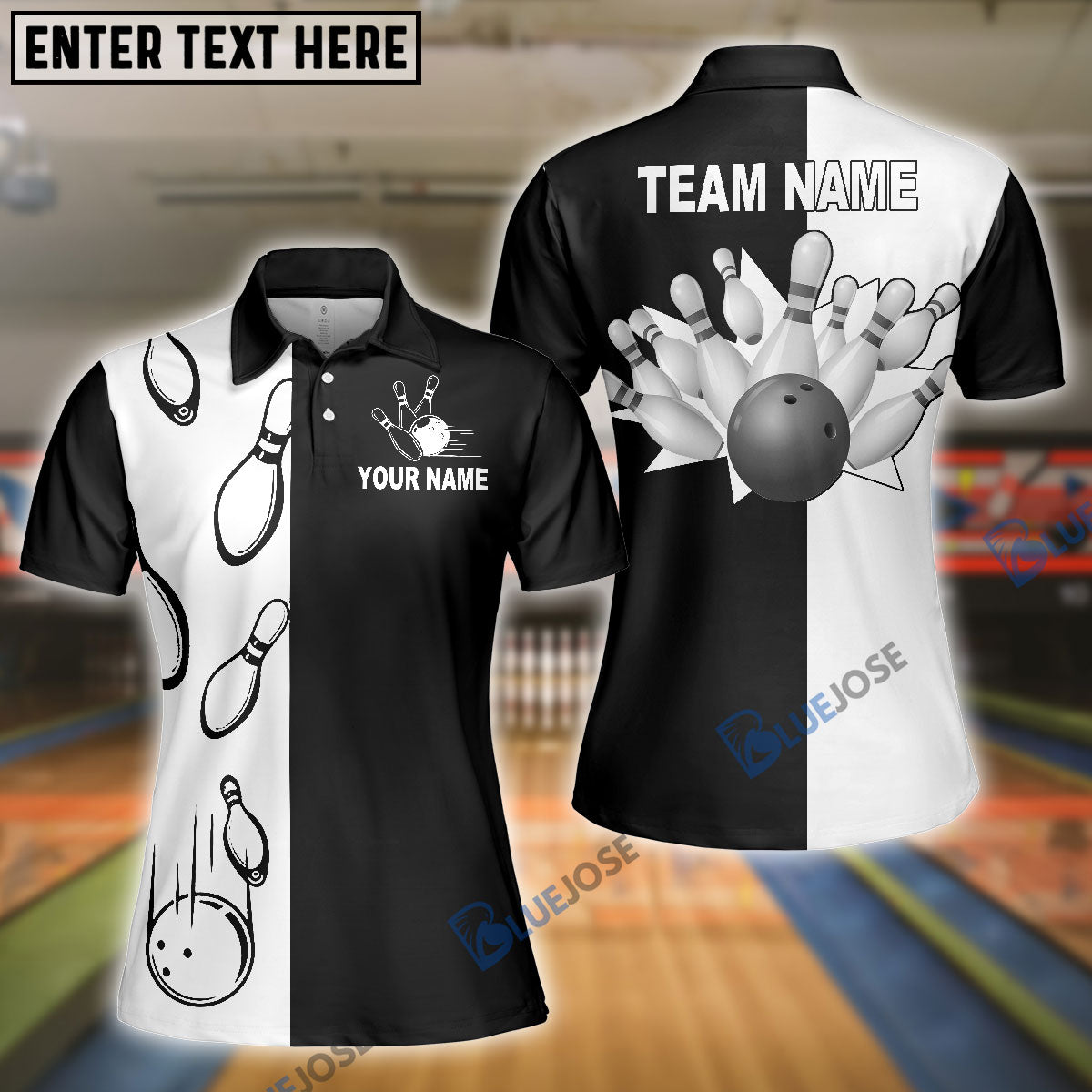 Frenzideas Bowling Black And White Customized Name, Team Name 3D Shirt for Women