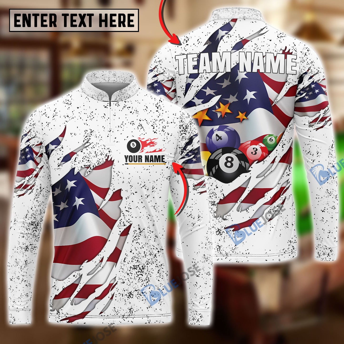 Frenzidea Billiards USA Flag White Personalized Name, Team Name Unisex Shirt