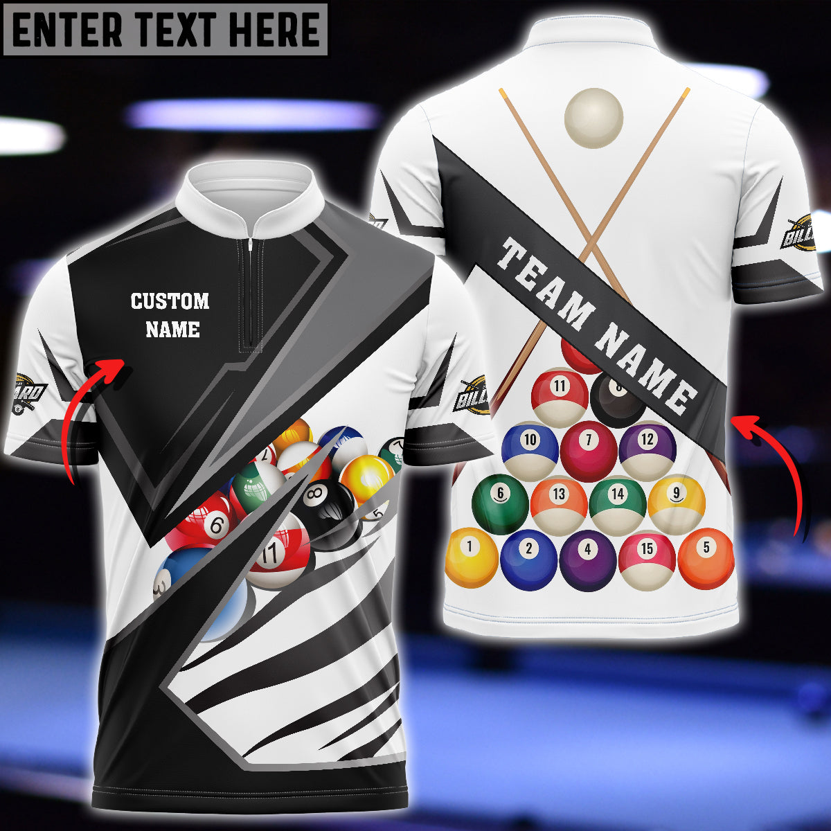 Frenzidea Billiards Sport 3 Personalized Name, Team Name Unisex Zipper Polo ( More Color Options )