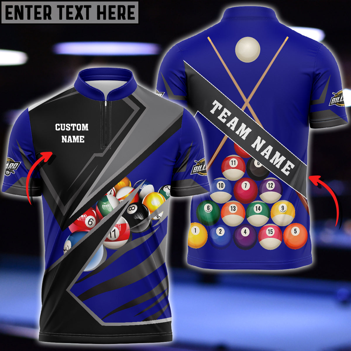 Frenzidea Billiards Sport 3 Personalized Name, Team Name Unisex Zipper Polo ( More Color Options )