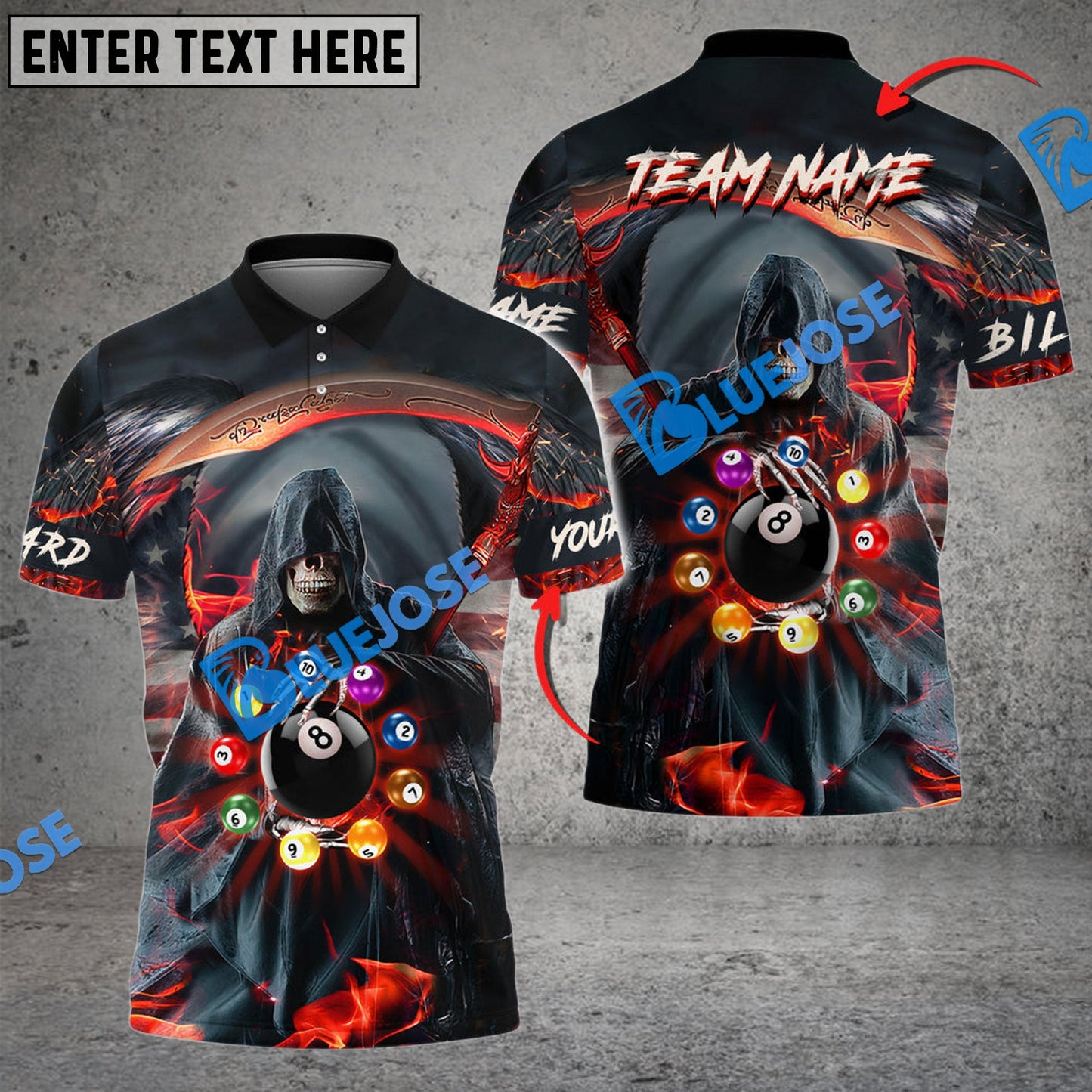 Frenzidea Billiards Reaper Fire Flag Pattern Personalized Name, Team Name Unisex Shirt ( 6 Colors )