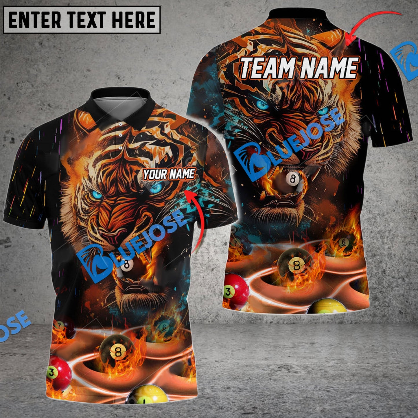 Frenzidea Billiards Fire Tiger Premium Personalized Name, Team Name Unisex Shirt