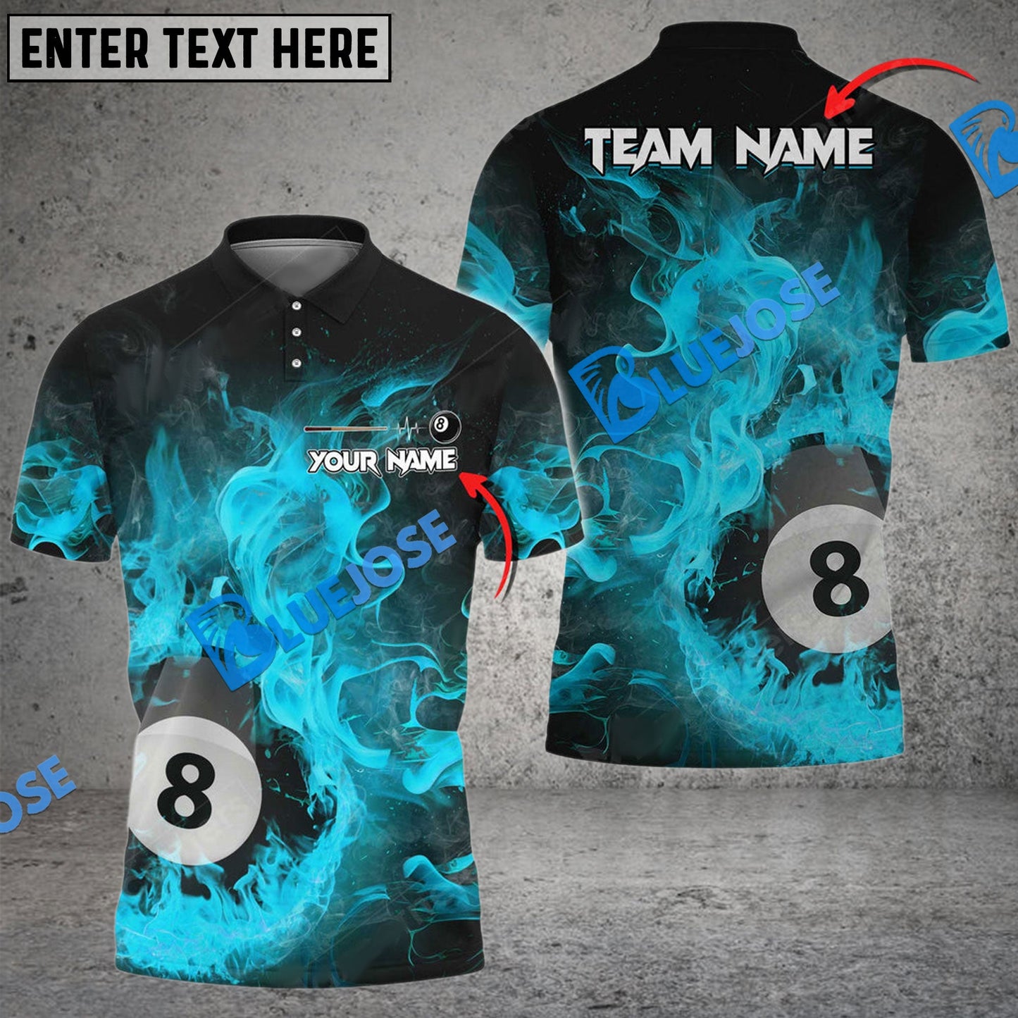 Frenzidea Billiards Ball 8 Fire Art Premium Personalized Name, Team Name Unisex Shirt ( 4 Colors )