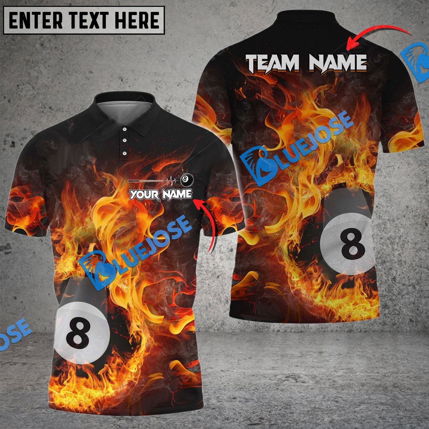 Frenzidea Billiards Ball 8 Fire Art Premium Personalized Name, Team Name Unisex Shirt ( 4 Colors )