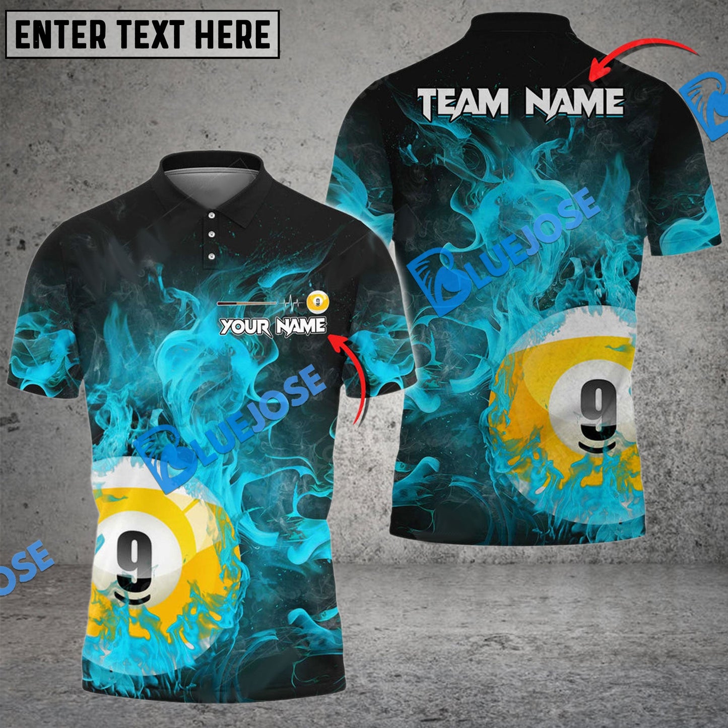 Frenzidea Billiards Ball 9 Fire Art Premium Personalized Name, Team Name Unisex Shirt ( 4 Colors )