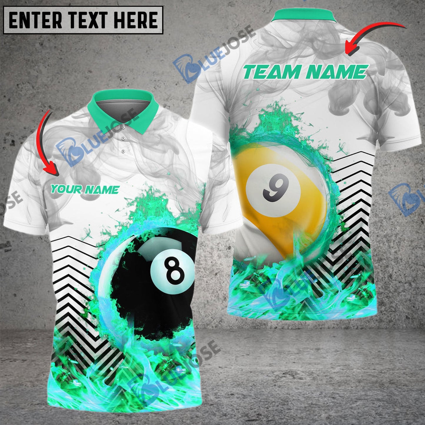 Frenzidea Billiards Ball 8 And 9  White Fire Flame Smoke Personalized Name, Team Name Unisex Shirt ( 4 Colors )