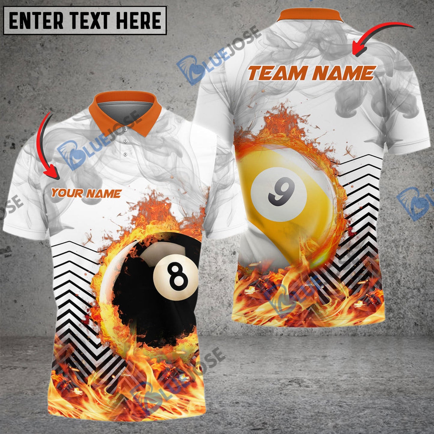 Frenzidea Billiards Ball 8 And 9  White Fire Flame Smoke Personalized Name, Team Name Unisex Shirt ( 4 Colors )