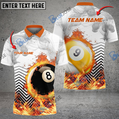 Frenzidea Billiards Ball 8 And 9  White Fire Flame Smoke Personalized Name, Team Name Unisex Shirt ( 4 Colors )