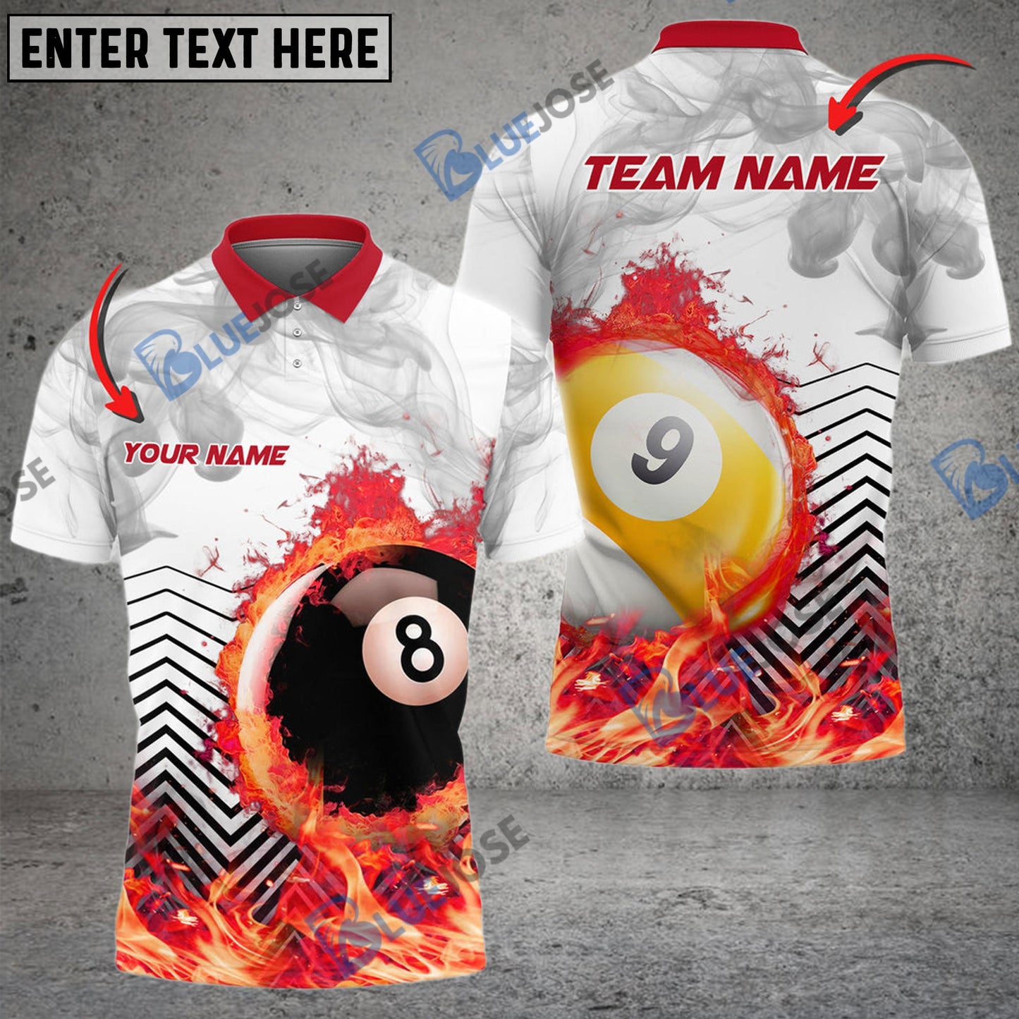 Frenzidea Billiards Ball 8 And 9  White Fire Flame Smoke Personalized Name, Team Name Unisex Shirt ( 4 Colors )