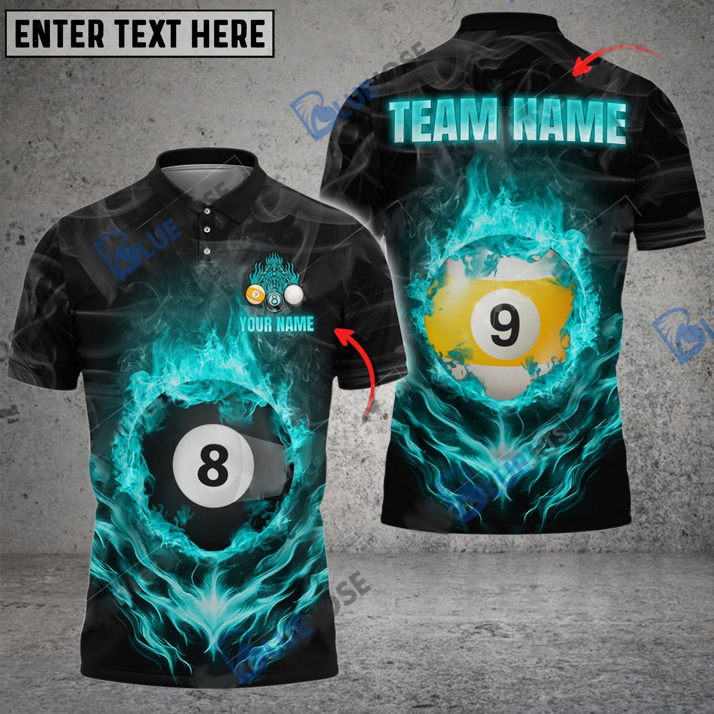 Frenzidea Billiards Ball 8 And 9 Fire Flame Smoke Personalized Name, Team Name Unisex Shirt ( 6 Colors )