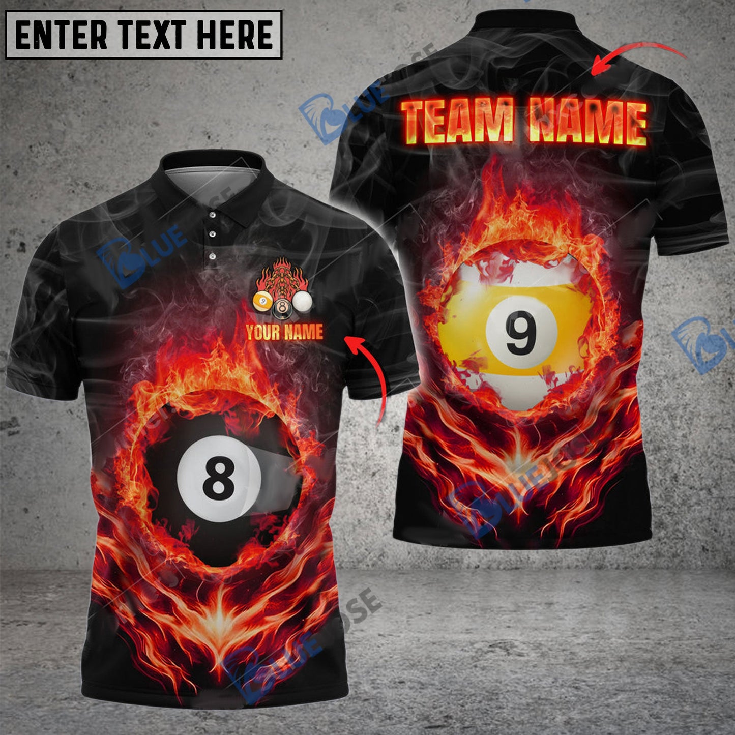 Frenzidea Billiards Ball 8 And 9 Fire Flame Smoke Personalized Name, Team Name Unisex Shirt ( 6 Colors )