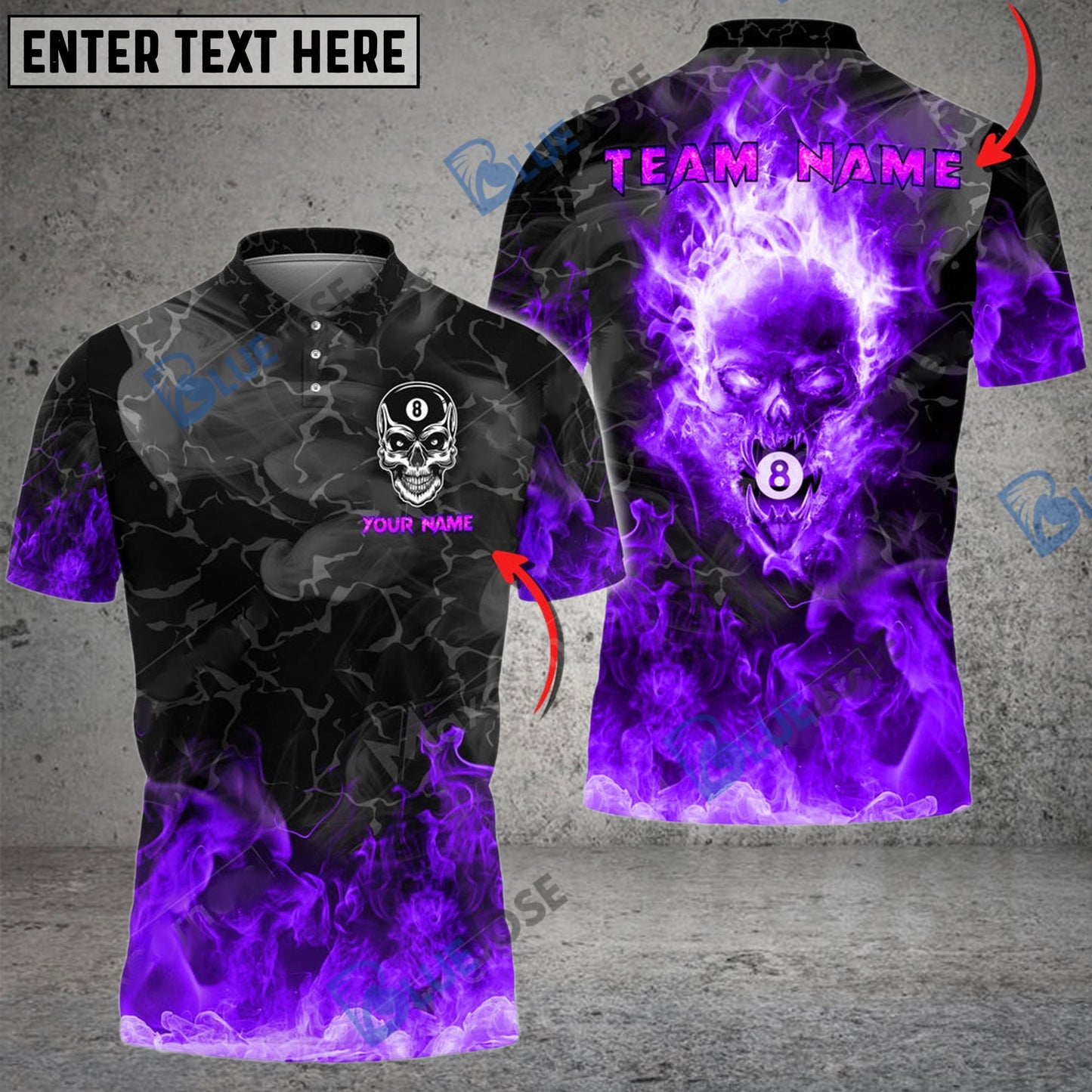 Frenzidea Billiards Ball 8 Flame Skull From Hell  Personalized Name, Team Name Unisex Shirt ( 4 Colors )