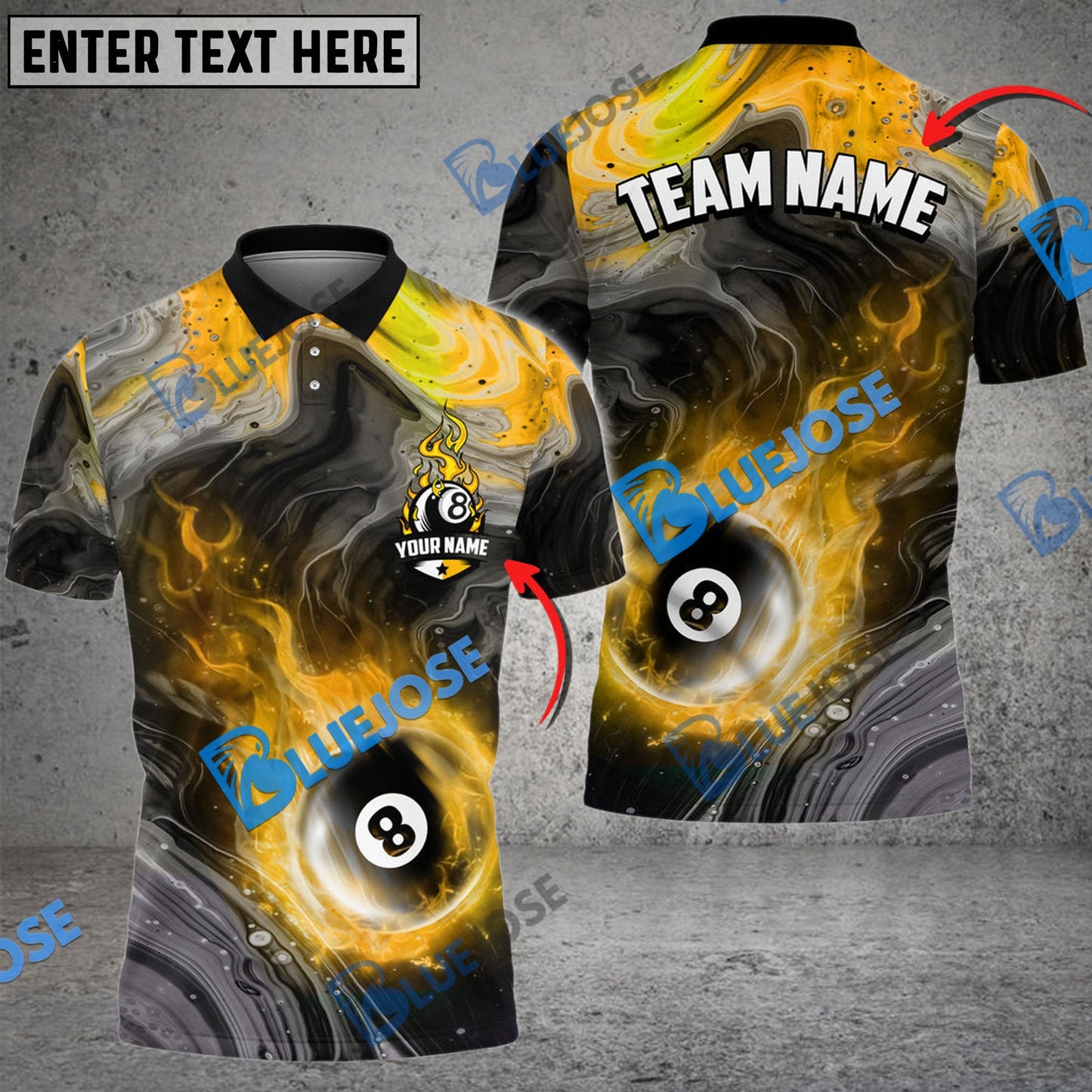 Frenzidea Billiards Ball 8 Fire Paint Flow Personalized Name, Team Name Unisex Shirt ( 6 Colors )