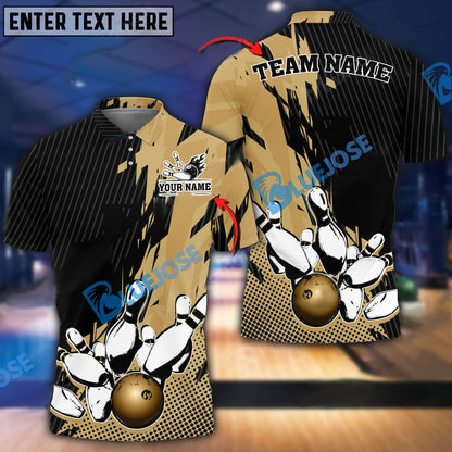 Frenzideas Bowling And Pins Retro Paint Style Customized Name 3D Shirt ( 5 Colors)