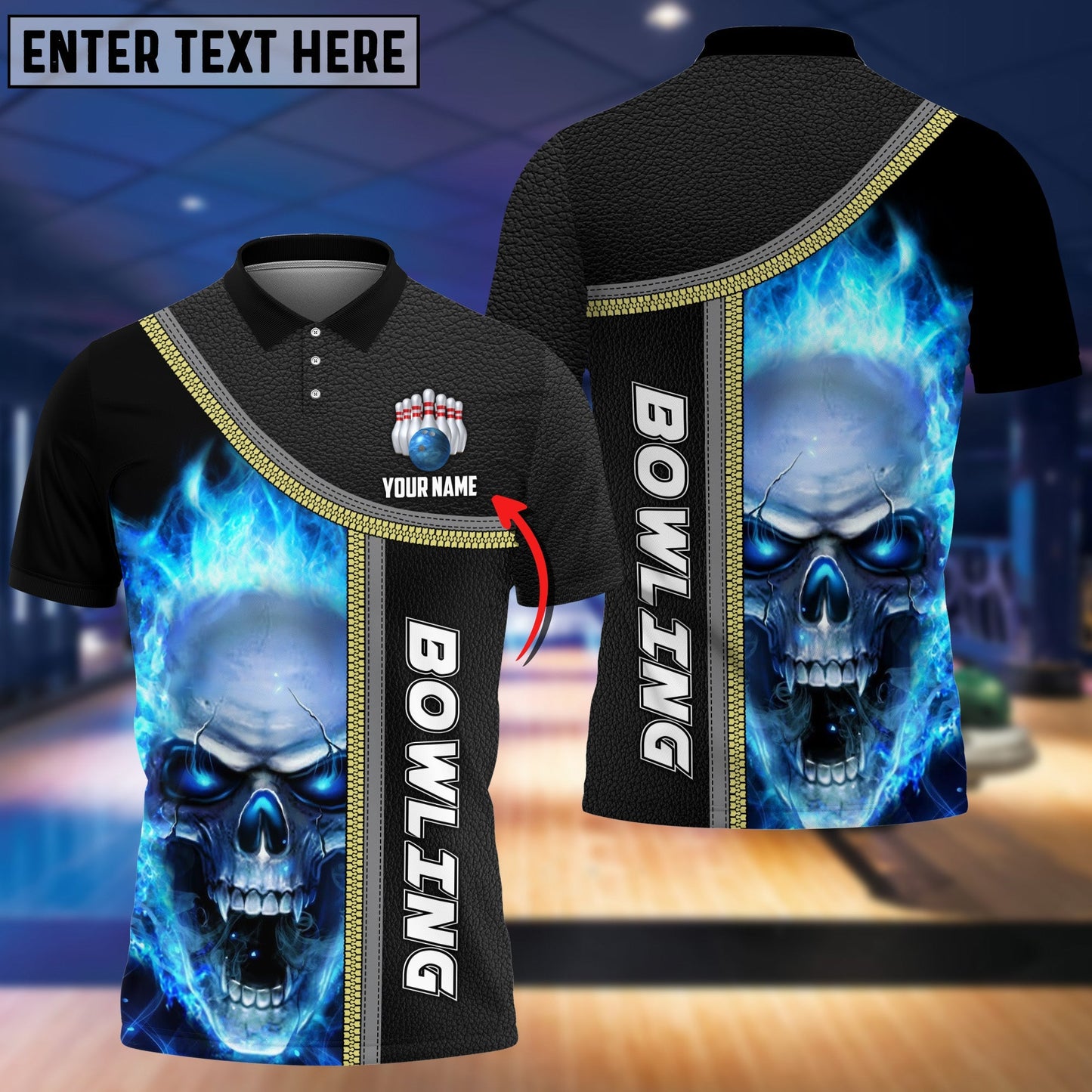 Frenzideas Bowling Cyan Flame Skull Pattern Customized Name 3D Shirt