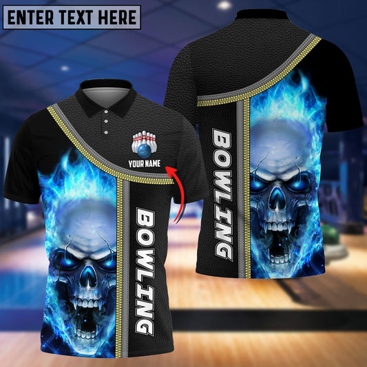 Frenzideas Bowling Cyan Flame Skull Pattern Customized Name 3D Shirt