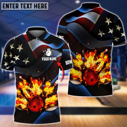 Frenzideas Bowling Ball And Pins Flame USA Flag Pattern Customized Name 3D Shirt