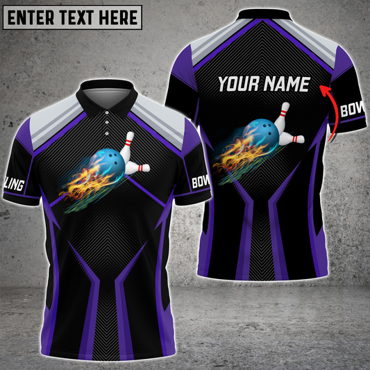 Frenzideas Purple Bowling And Pins Fire Premium Customized Name 3D Shirt