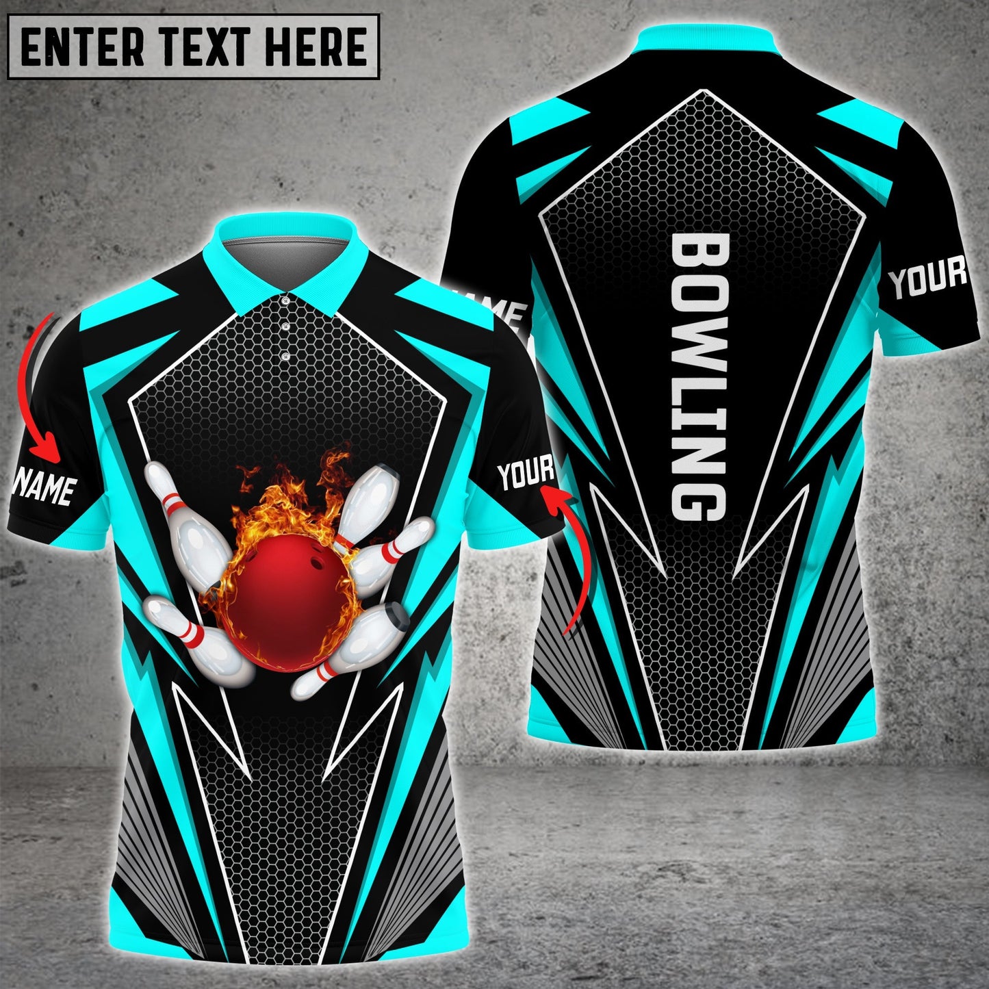Frenzideas Cyan Bowling And Pins Flame Hexagon Pattern Premium Customized Name 3D Shirt