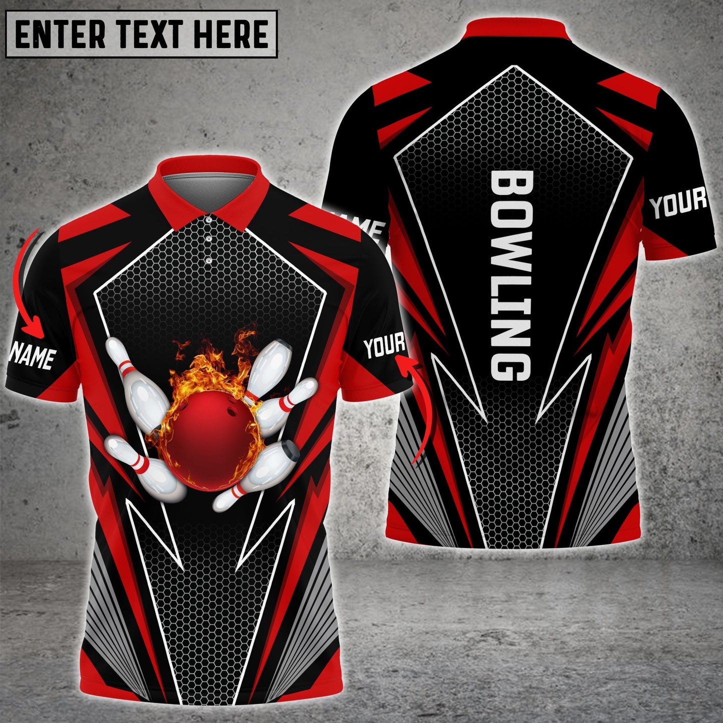 Frenzideas Red Bowling And Pins Flame Hexagon Pattern Premium Customized Name 3D Shirt