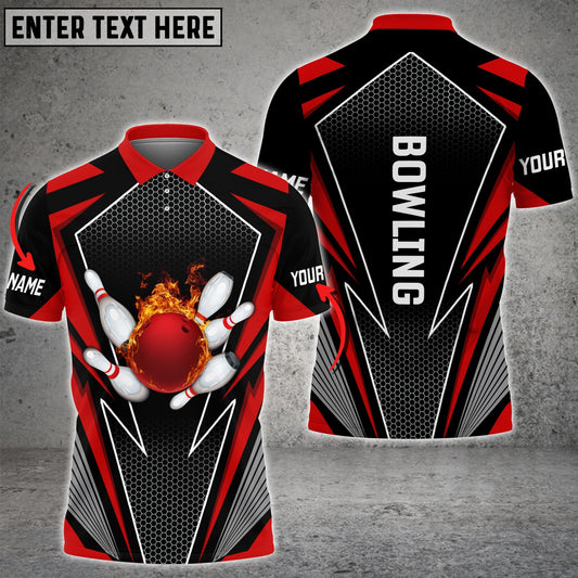 Frenzideas Red Bowling And Pins Flame Hexagon Pattern Premium Customized Name 3D Shirt