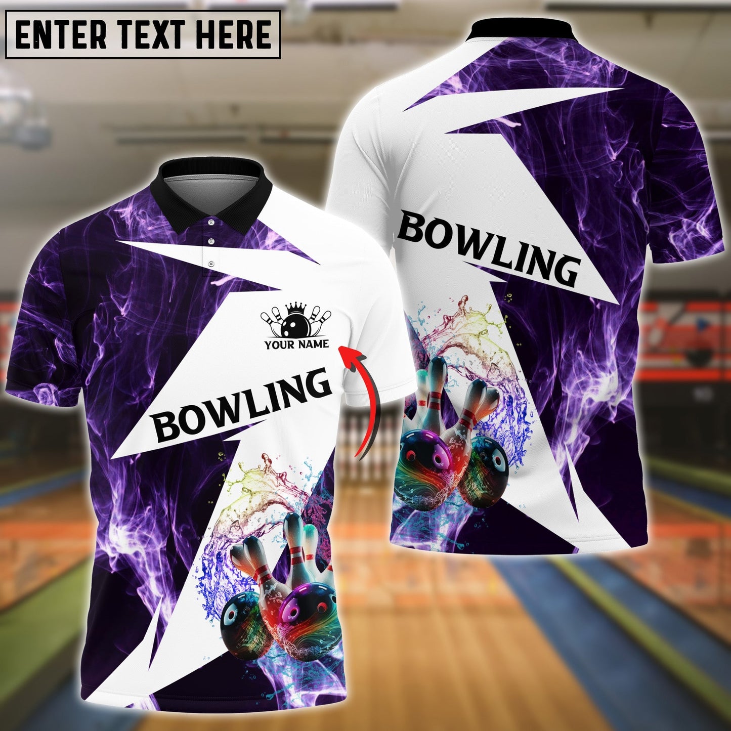 Frenzideas Purple Bowling And Pins Smoke Pattern Customized Name 3D Shirt
