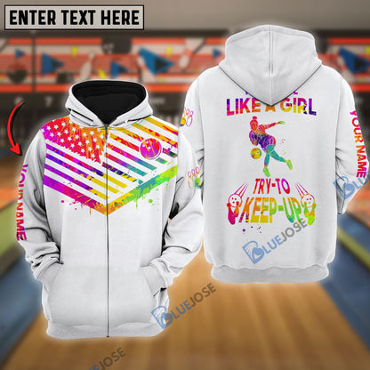 Frenzidea Watercolor Bowling American Flag Yes I Bowl Like A Girl Try To Keep Up Premium Customized Name 3D Shirt For Women