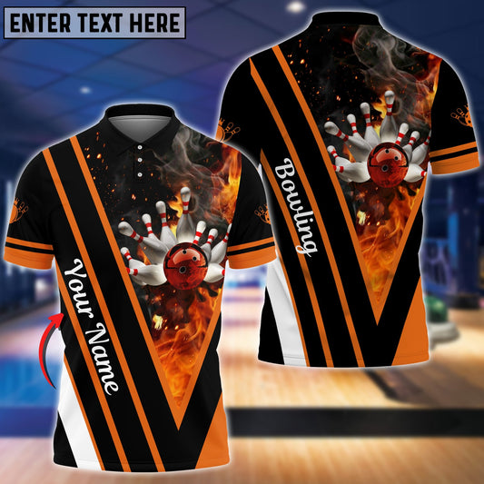 Frenzideas Orange Bowling And Pins Flame Premium Customized Name 3D Shirt