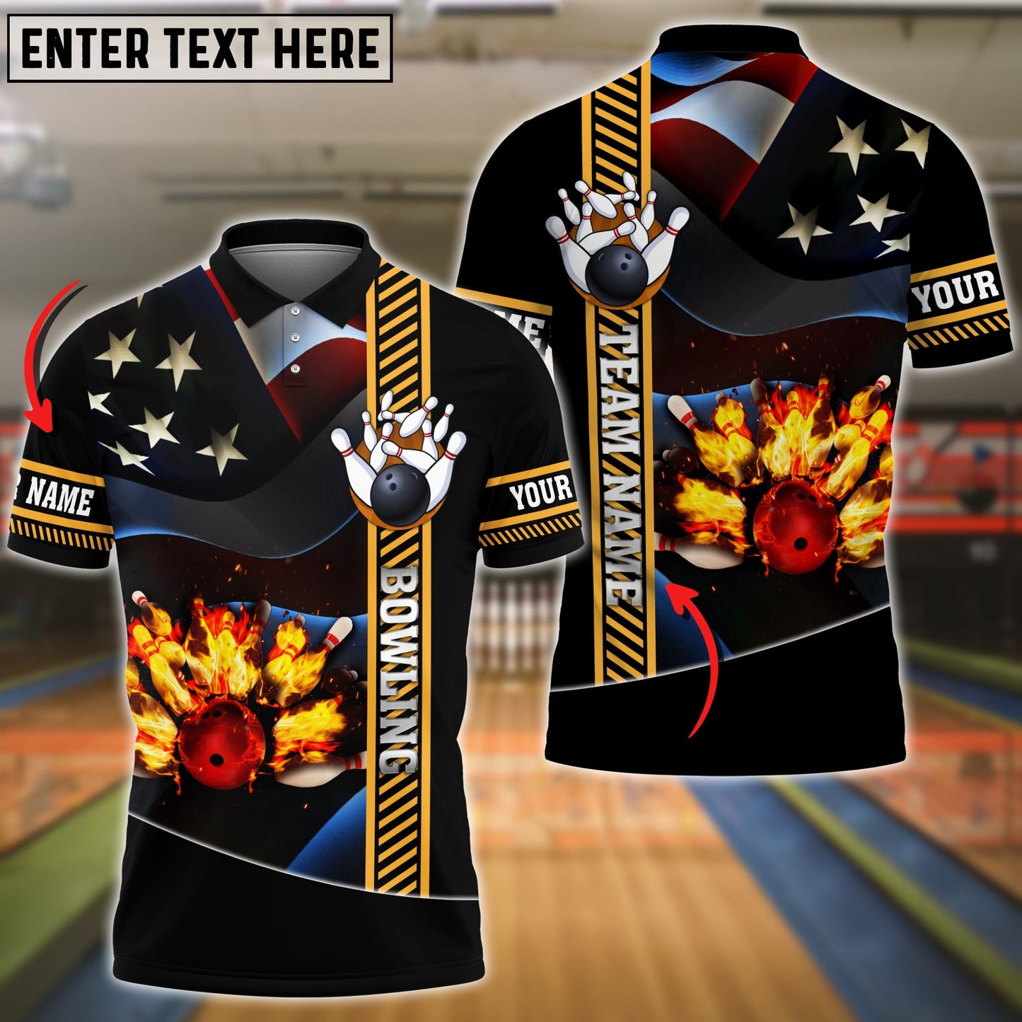 Frenzideas Bowling Ball And Pins Flame USA Flag Pattern Premium Customized Name 3D Shirt