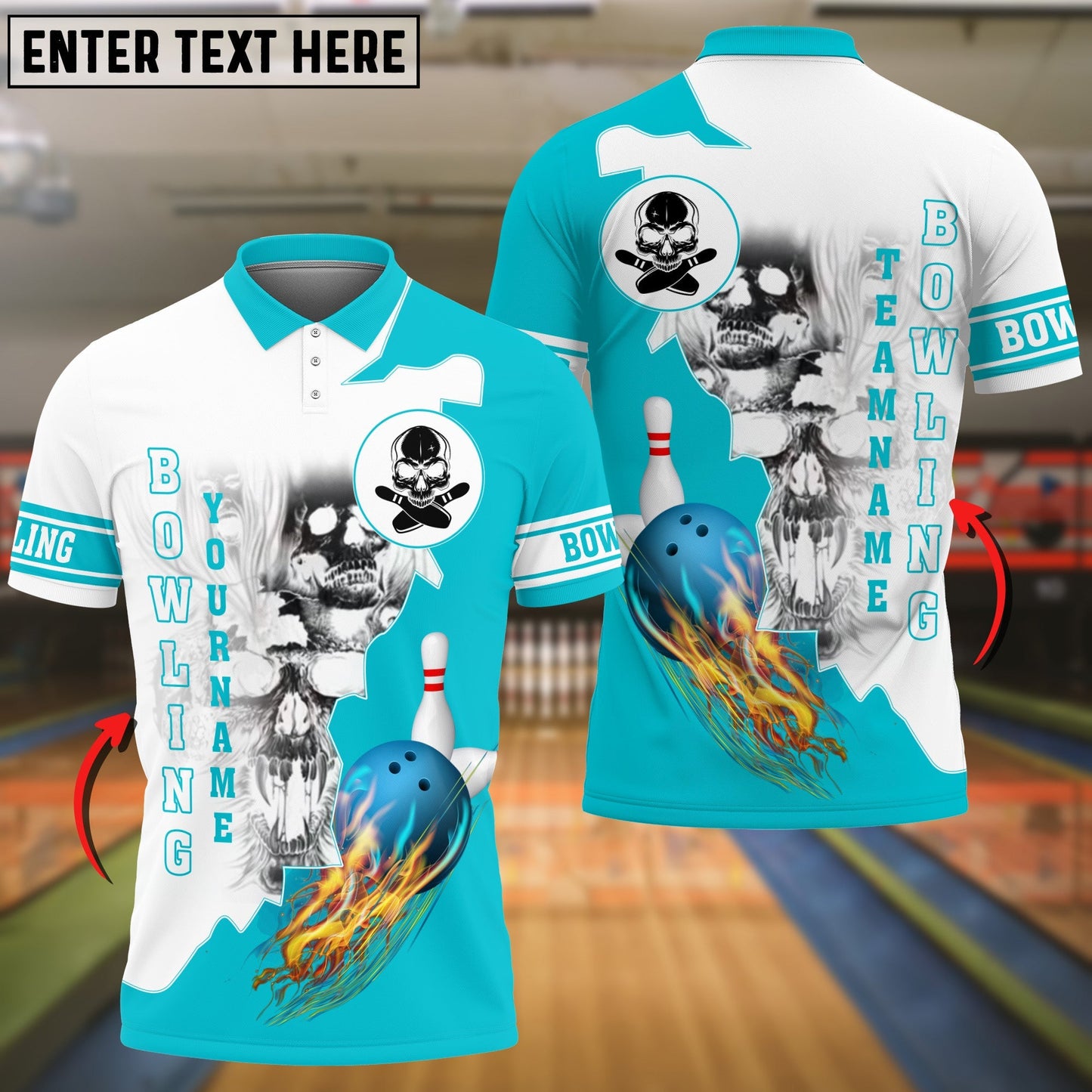 Frenzideas Cyan Bowling Ball Flame Skull Pattern Premium Customized Name 3D Shirt