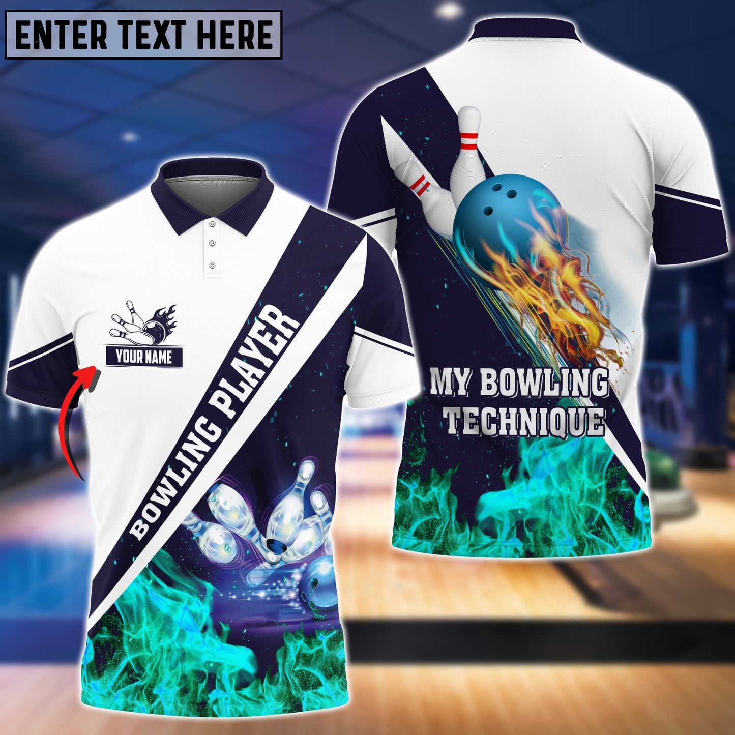 Frenzideas My Bowling Technique Cyan Flame Pattern Premium Customized Name 3D Shirt