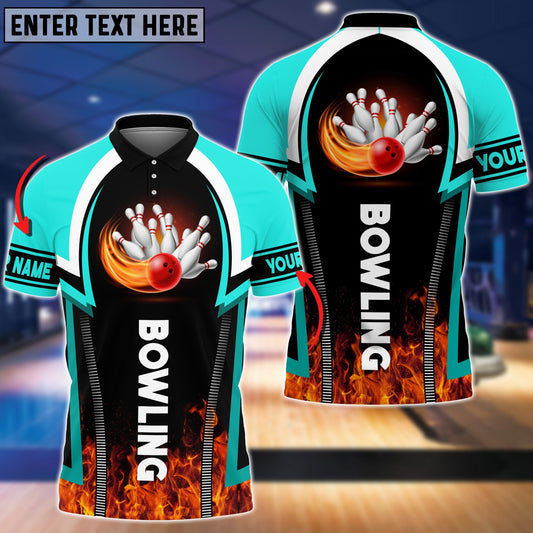 Frenzideas Cyan Bowling Fire Pattern Premium Customized Name 3D Shirt