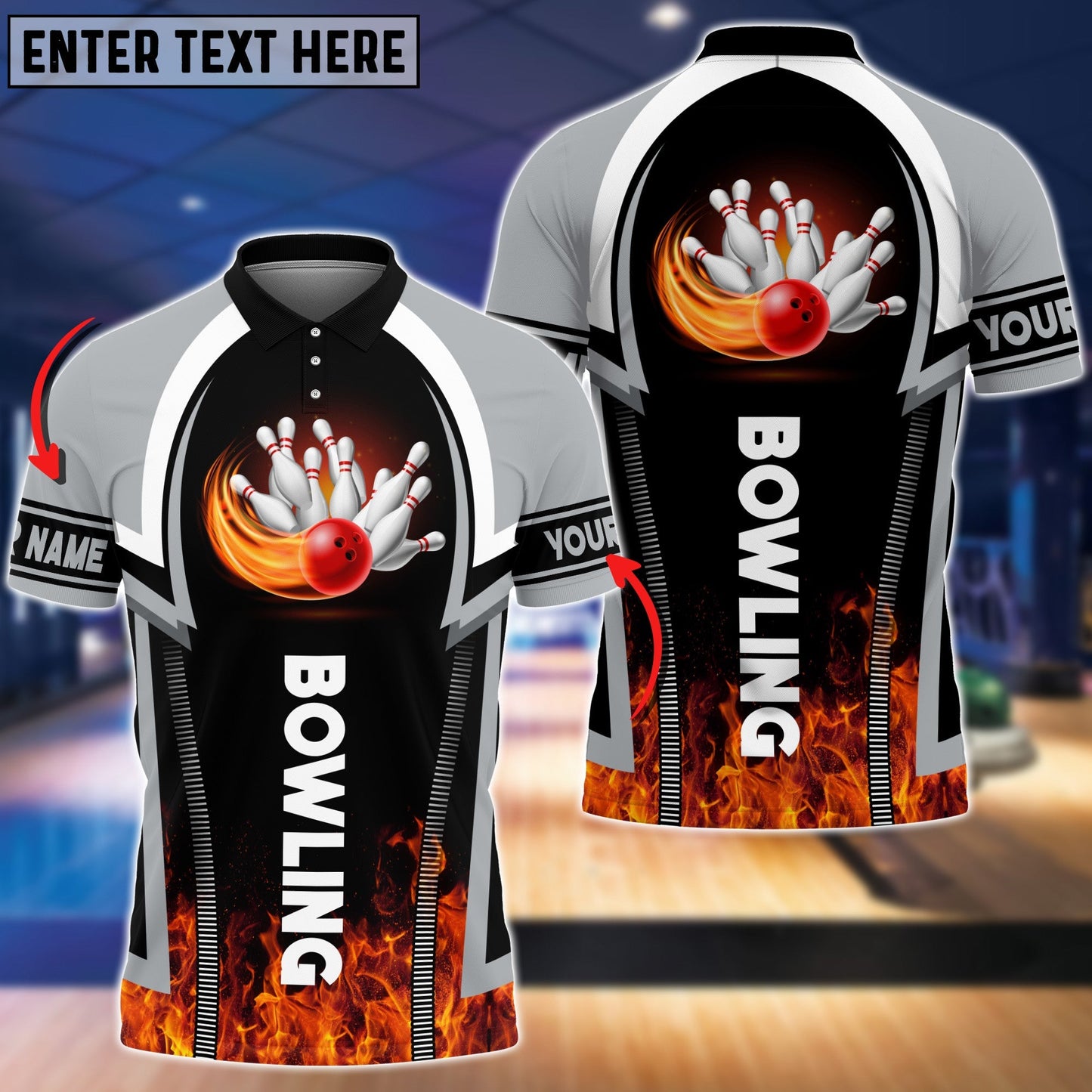 Frenzideas Grey Bowling Fire Pattern Premium Customized Name 3D Shirt