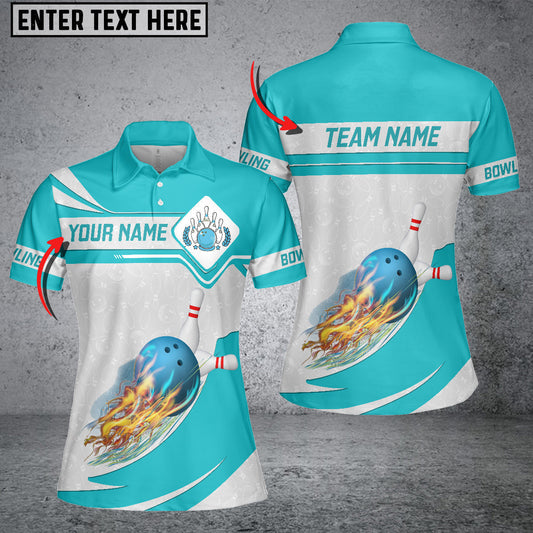 Frenzideas Cyan Bowling Ball Fire White Pins Pattern Premium Customized Name 3D Shirt For Women