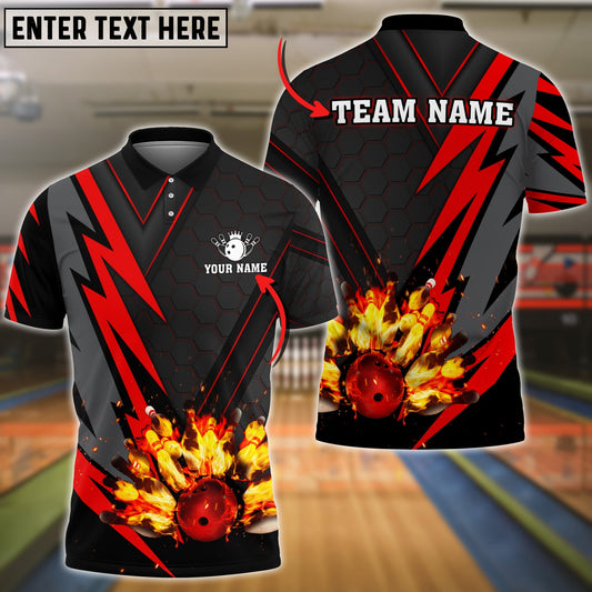 Frenzideas Bowling Ball  And Pins Flame Red Thunder Pattern Premium Customized Name 3D Shirt