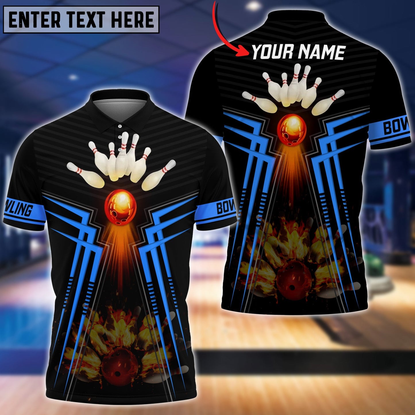 Frenzideas Blue Bowling Ball  And Pins Flame Premium Customized Name 3D Shirt