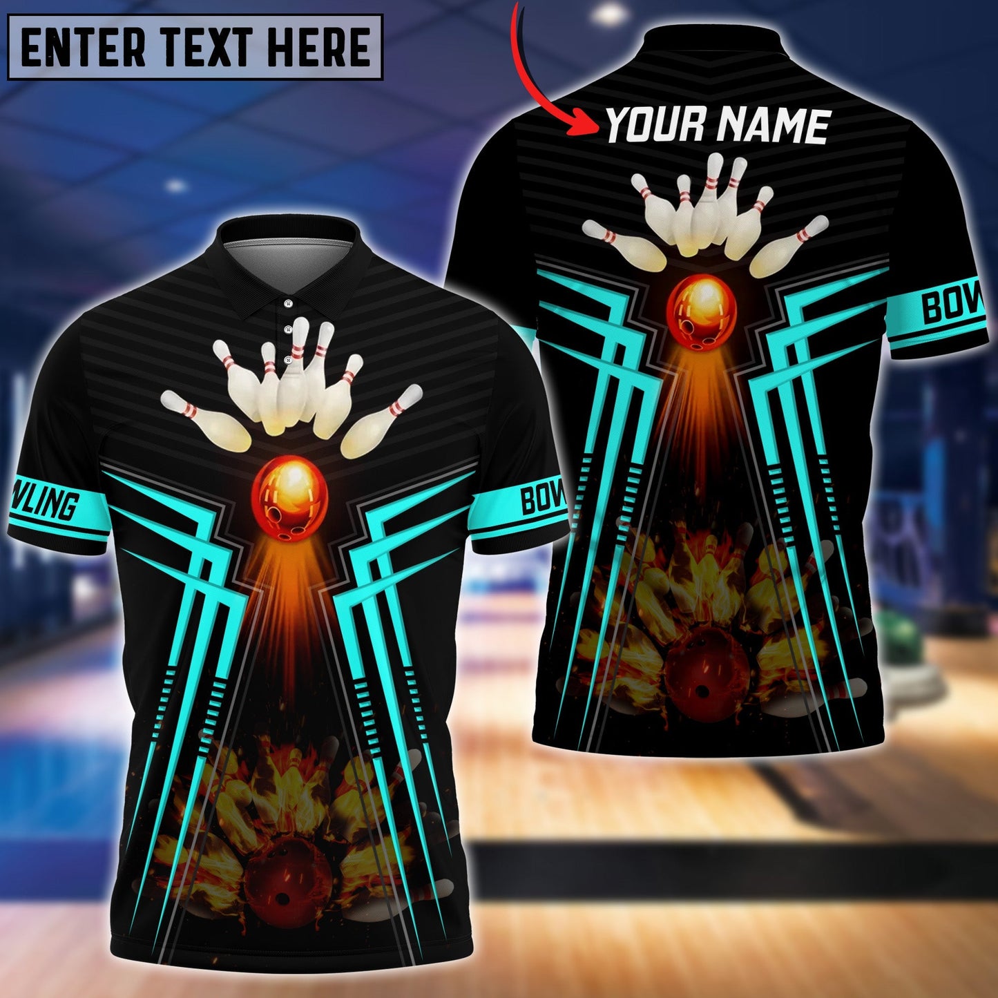 Frenzideas Cyan Bowling Ball  And Pins Flame Premium Customized Name 3D Shirt