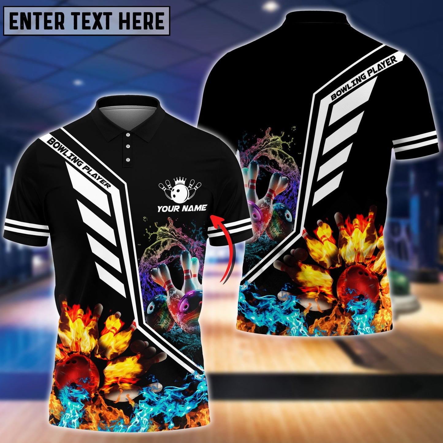 Frenzideas Bowling Ball Crashing The Pins Fire And Water Pattern Customized Name All Over Printed Shirt