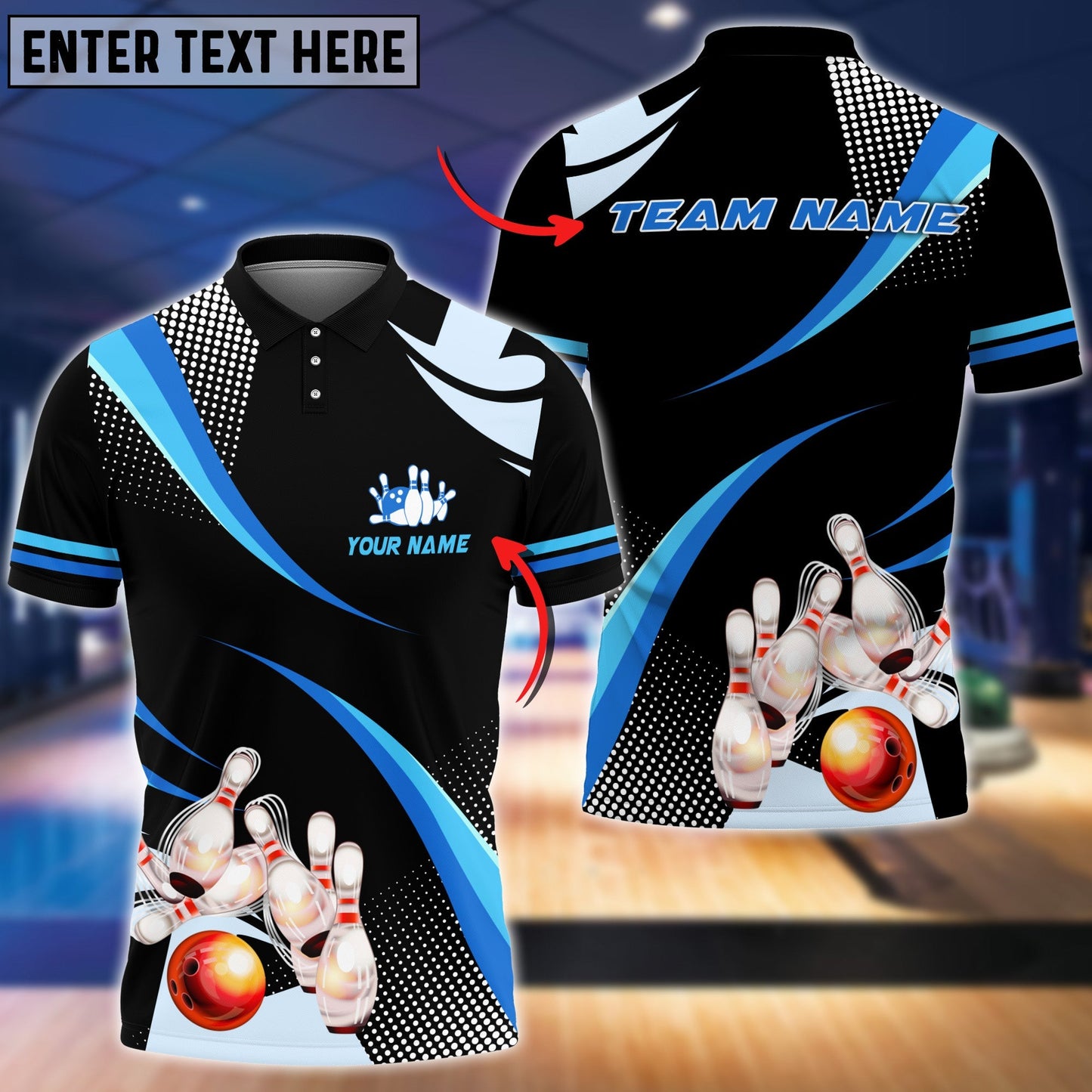 Frenzideas Orange Bowling Ball And Pins Blue Pattern Classic Customized Name All Over Printed Shirt