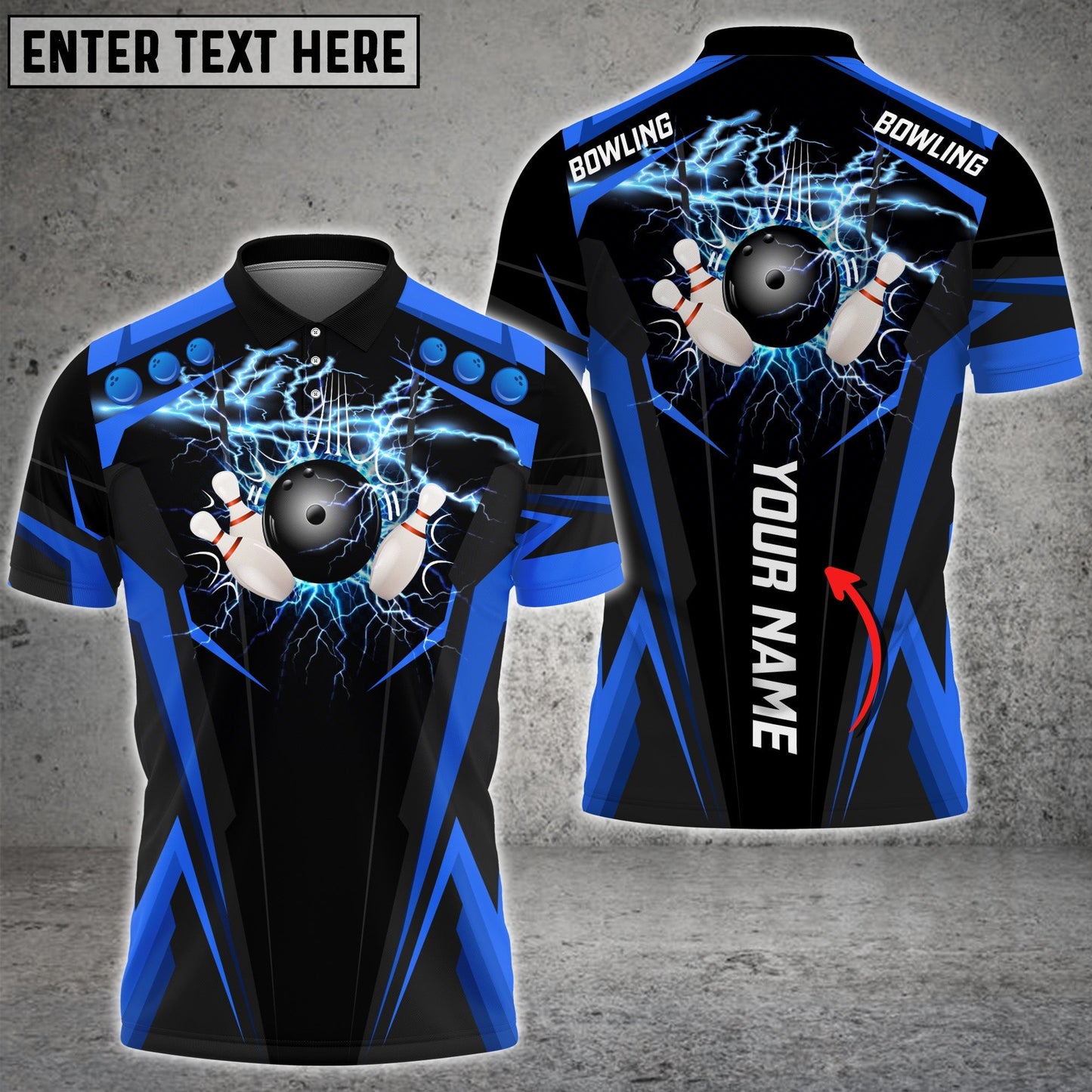 Frenzideas Blue Bowling Ball Crashing The Pins Thunder Pattern Premium Customized Name All Over Printed Shirt