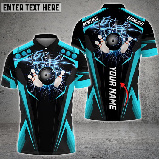 Frenzideas Cyan Bowling Ball Crashing The Pins Thunder Pattern Customized Name All Over Printed Shirt
