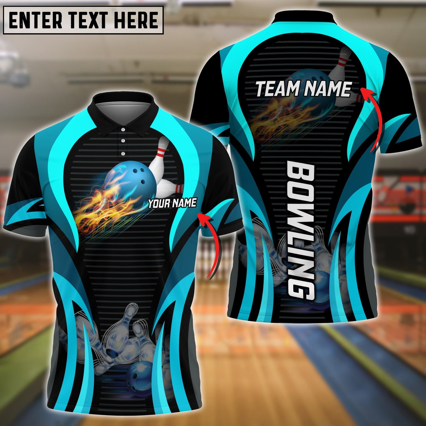 Frenzideas Cyan Bowling Strike Customized Name All Over Printed Shirt