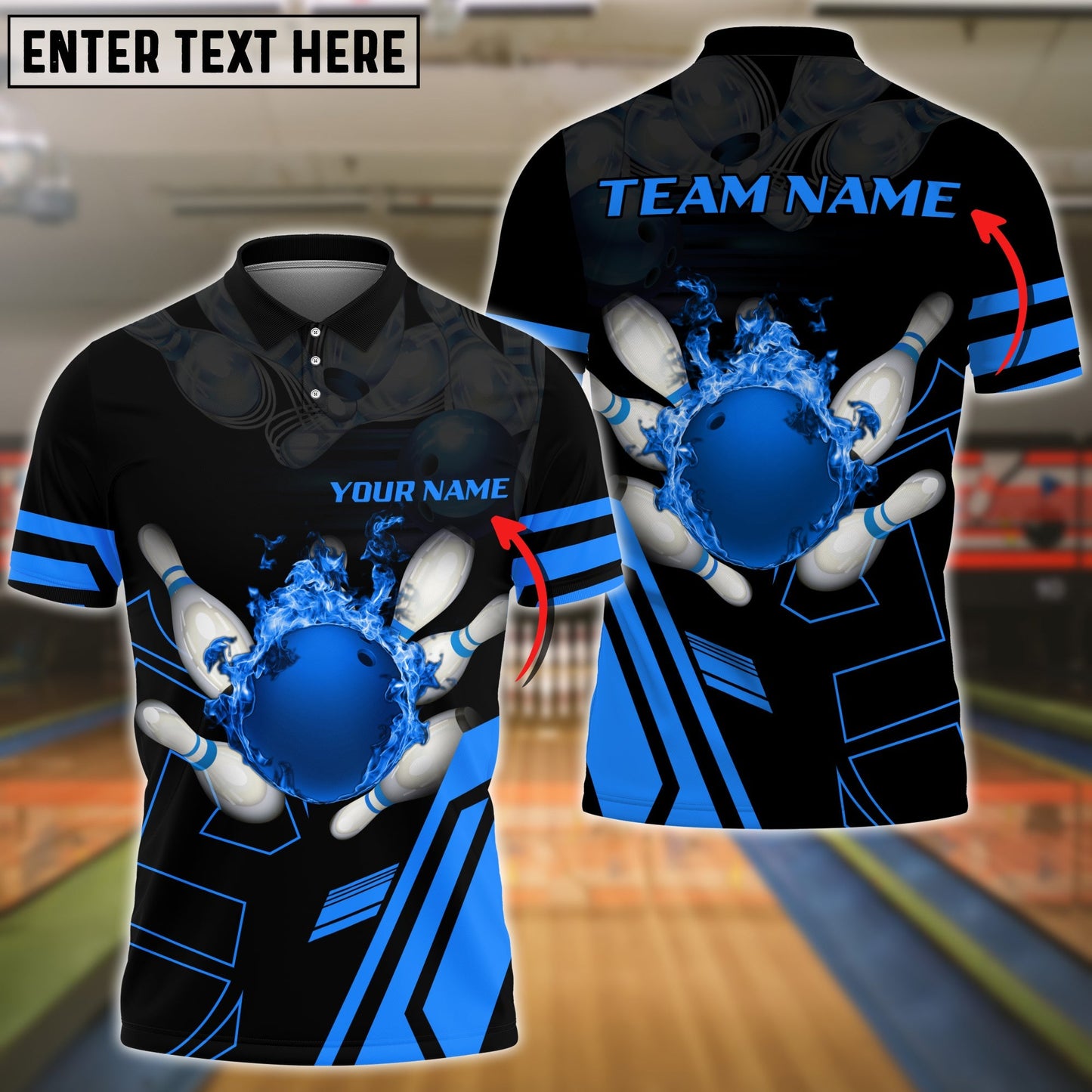 Frenzideas Blue Bowling Ball Flame Personalized Name All Over Printed Shirt