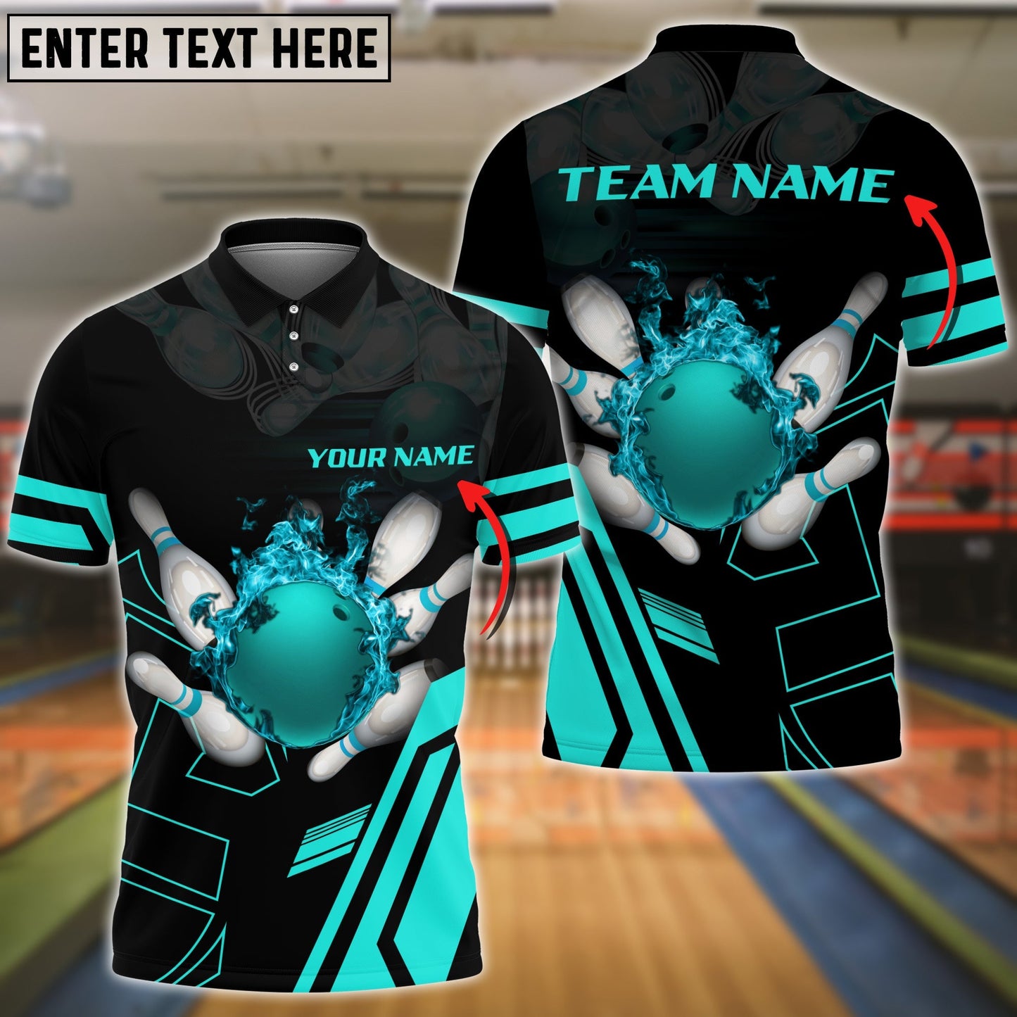 Frenzideas Cyan Bowling Ball Flame Personalized Name All Over Printed Shirt