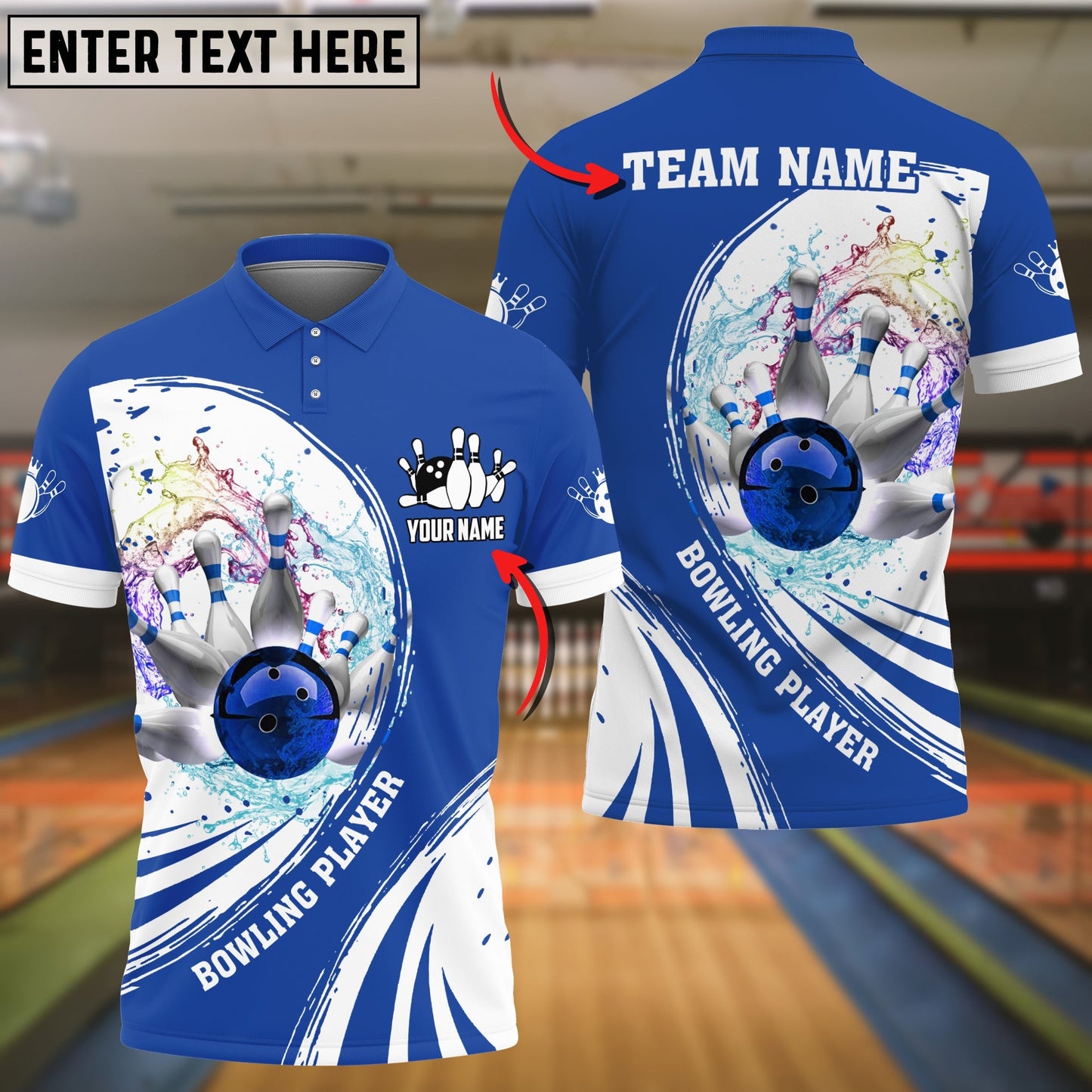 Frenzideas Blue Bowling Ball Crashing The Pins Water Pattern Customized Name All Over Printed Shirt