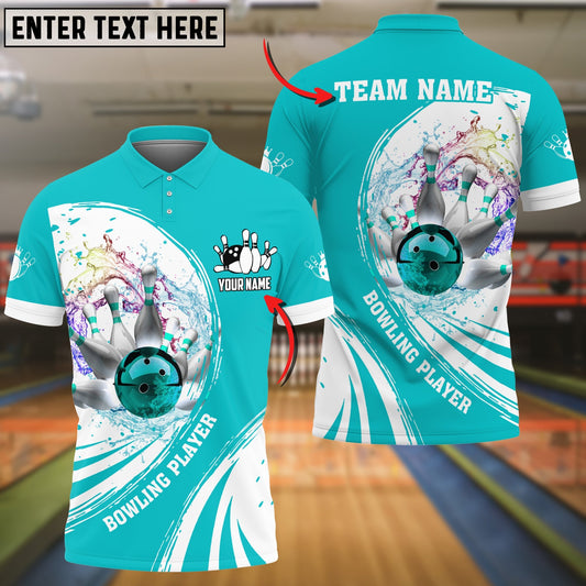 Frenzideas Cyan Bowling Ball Crashing The Pins Water Pattern Customized Name All Over Printed Shirt