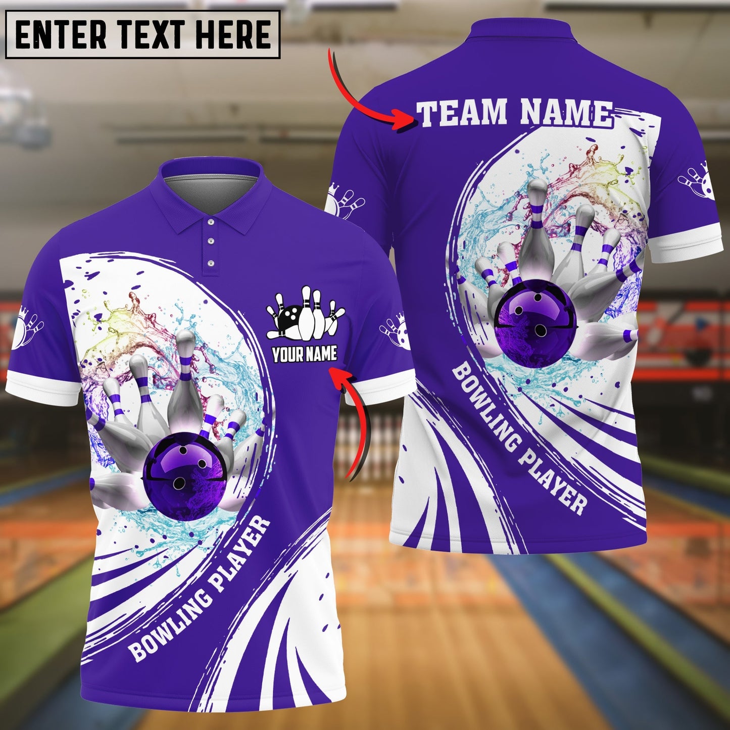 Frenzideas Purple Bowling Ball Crashing The Pins Water Pattern Customized Name All Over Printed Shirt